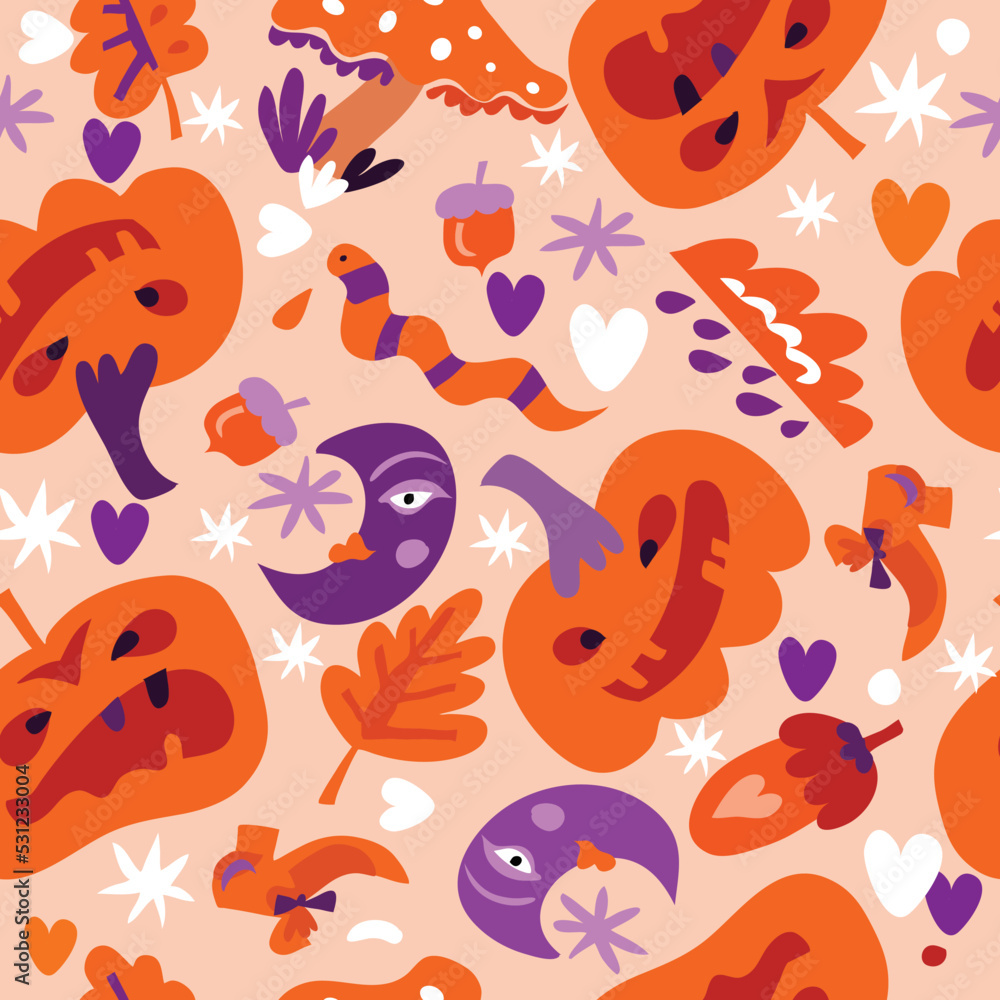 Happy Halloween seamless pattern Pumpkin, bat, ghost, skull, star, owl, spider , hat. Vector cartoon illustration background 