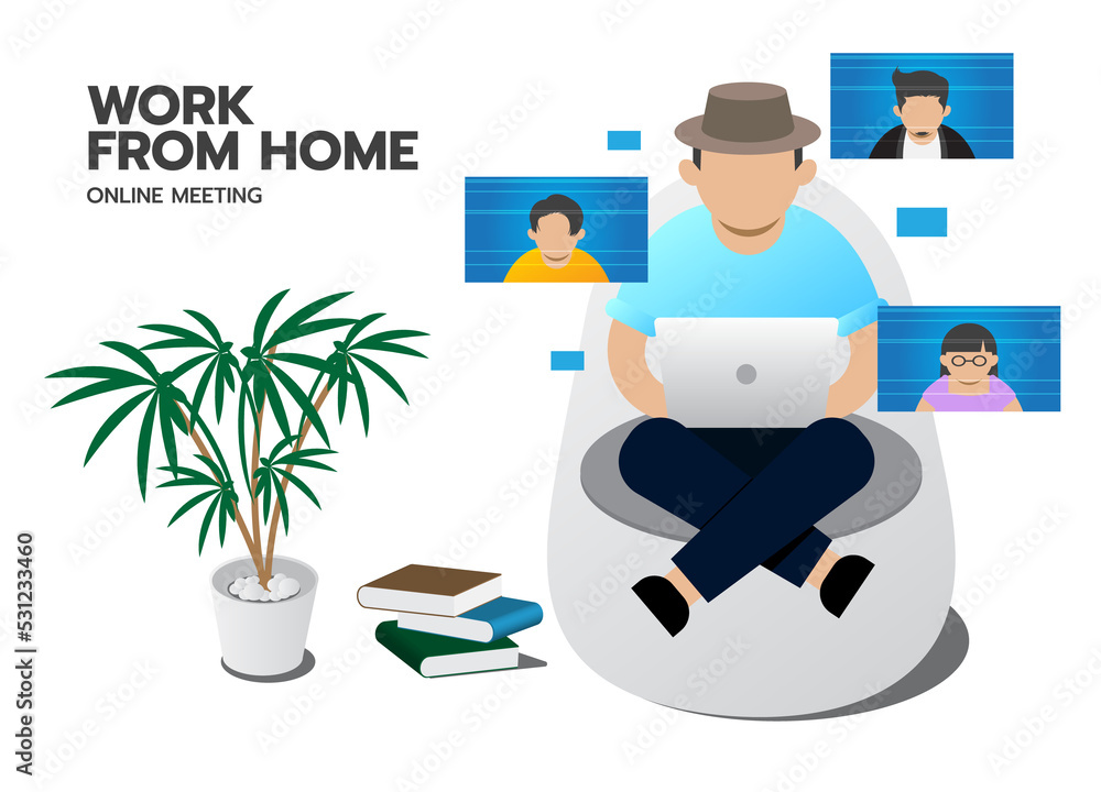 Obraz premium Work form home online meeting, Remote meeting, Conducting video conference with co-workers by using tablet computer via online technology at home.