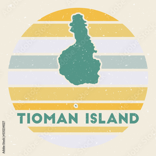 Tioman Island logo. Sign with the map of the island and colored stripes, vector illustration. Can be used as insignia, logotype, label, sticker or badge of the Tioman Island.