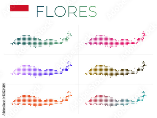 Flores dotted map set. Map of Flores in dotted style. Borders of the island filled with beautiful smooth gradient circles. Classy vector illustration.