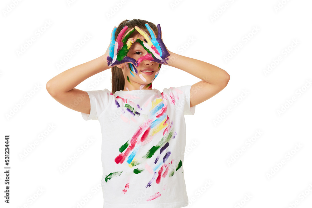 child girl with hands painted in colorful paint make heart shape child girl with hands painted in colorful paint make heart shape