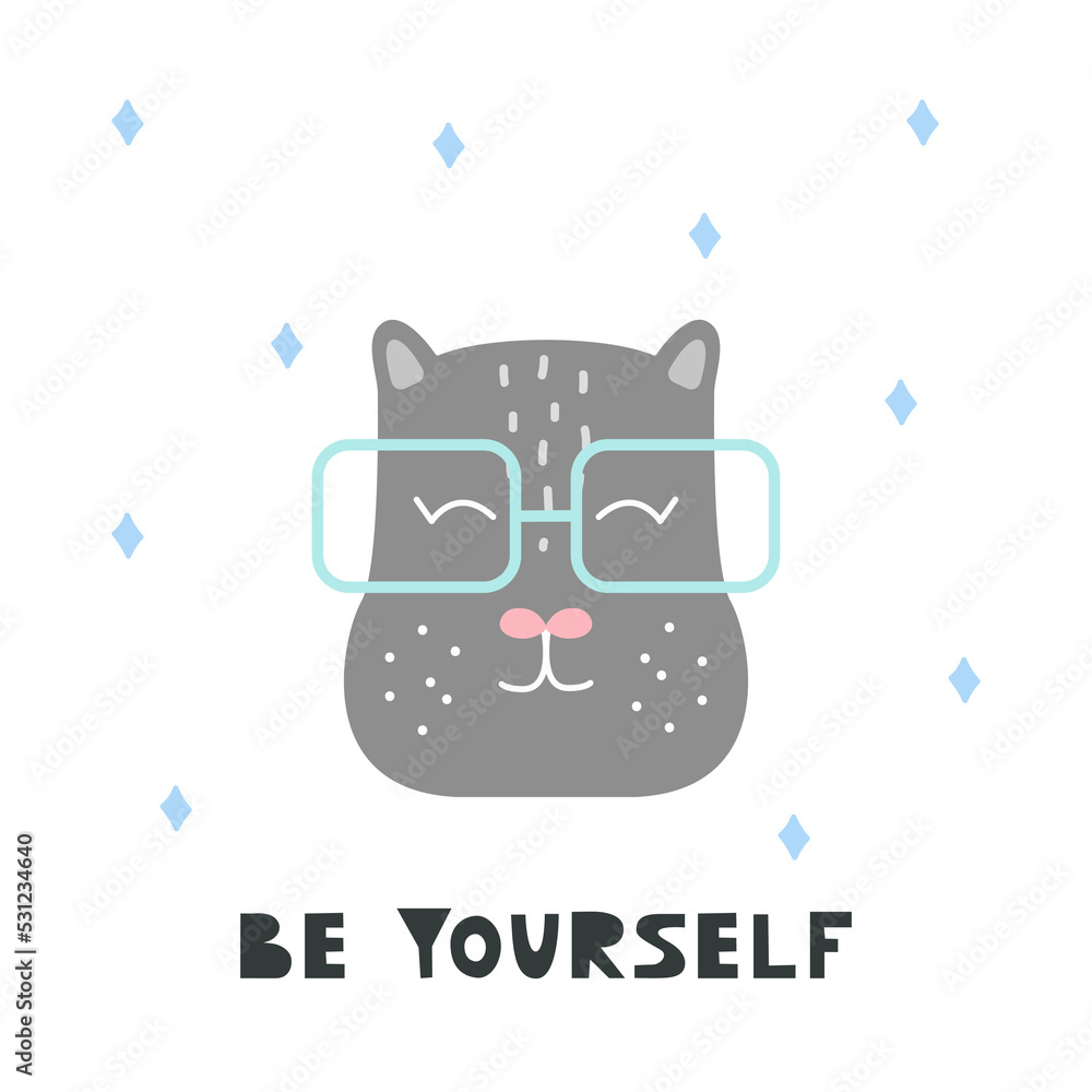 Cute hippo head. Hand drawn vector character. Be ypurself handwritten lettering. Cute hippo head. Hand drawn vector character. Be ypurself handwritten lettering.