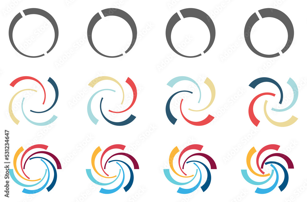 Circle arc cuts arranged in larger round, forming swirl or fan blades like symbol,  version with four and six elements