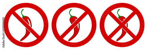 Red hot chilli pepper icon in red crossed circle, doublecrossed sign as well. No spicy food symbol