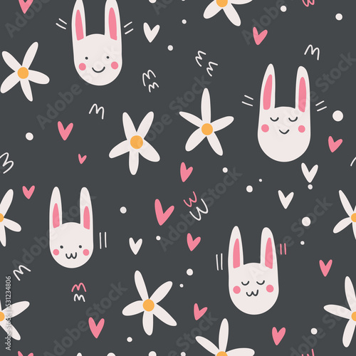 Cute rabbits seamless pattern with flowers for textiles, postcards, stationery covers, banners, backgrounds, wallpapers, etc
