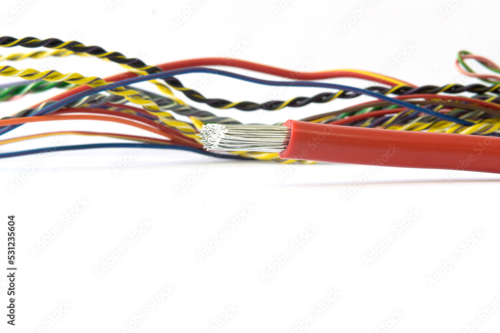 Electrical conductor with red plastic insulator isolated on white background. Cable, Wire on white background. Electrical conductor with red plastic insulator isolated on white background. Cable, Wire on white background.