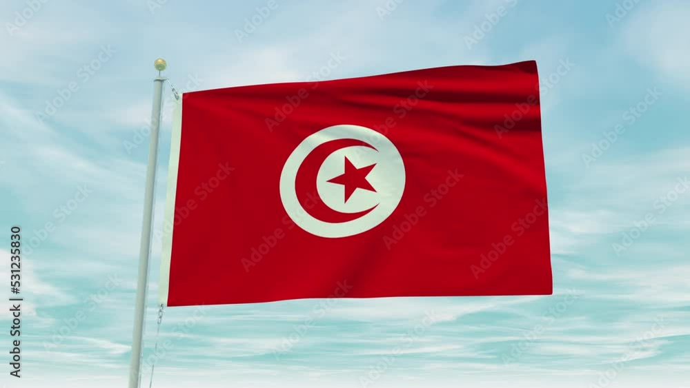Seamless loop animation of the Tunisia flag on a blue sky background. Seamless loop animation of the Tunisia flag on a blue sky background.