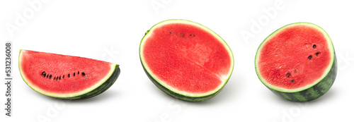 watermelon, half and sliced isolated on white background, Watermelon macro studio photo, set