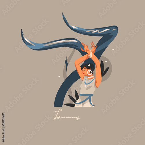 Hand drawn vector abstract graphic astrology illustration with modern,artistic contemporary print template of boho zodiac sign Taurus.Zodiac adult female character design.Fashion magic symbol concept.