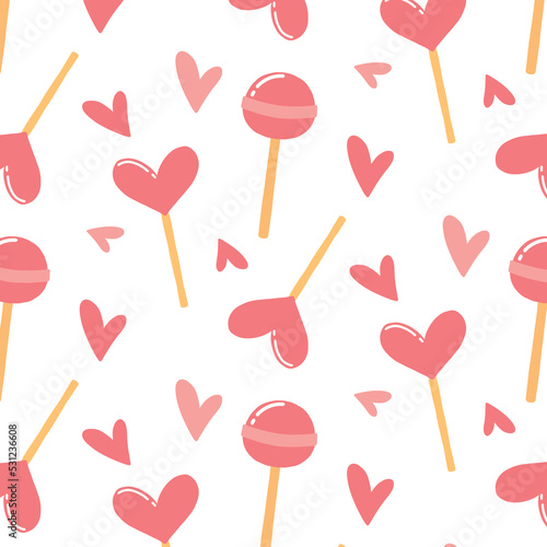 Seamless pattern with hearts and lollipops. Print by February 14th. Vector illustration . Cartoon style. Romantic pattern.
