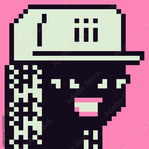 Fashion girl character. Pixel art. Flat style. Avatar, portrait, profile picture. Design of 80s. African american young woman. Game assets. 8-bit. Isolated vector illustration.
