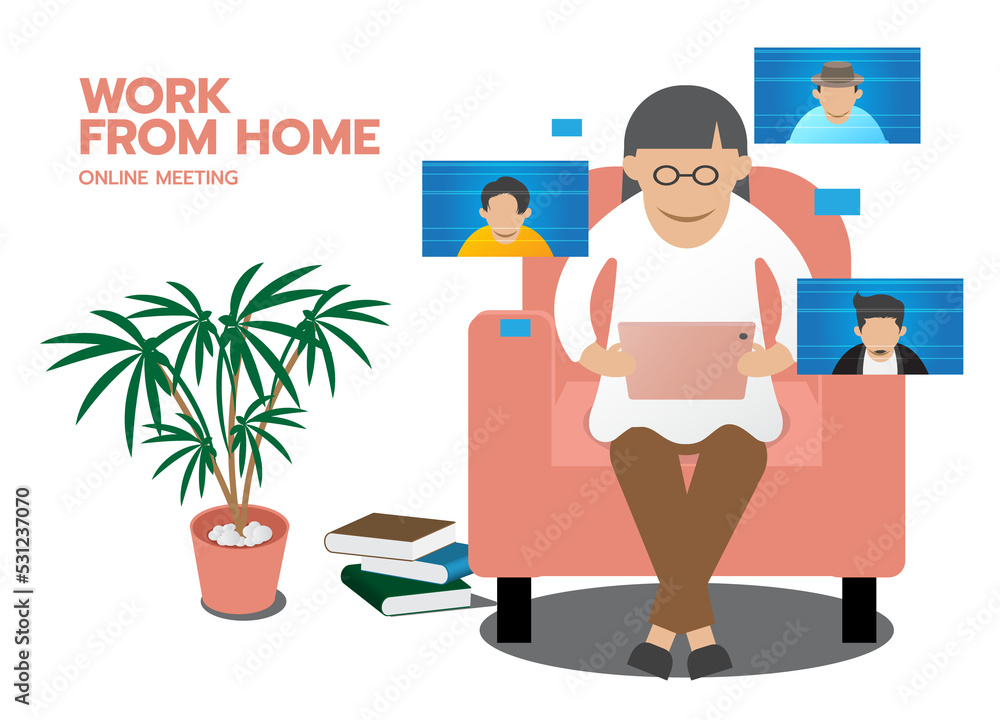 Remote meeting, Work form home online meeting, Conducting video conference with co-workers by using tablet computer via online technology at home. Remote meeting, Work form home online meeting, Conducting video conference with co-workers by using tablet computer via online technology at home.