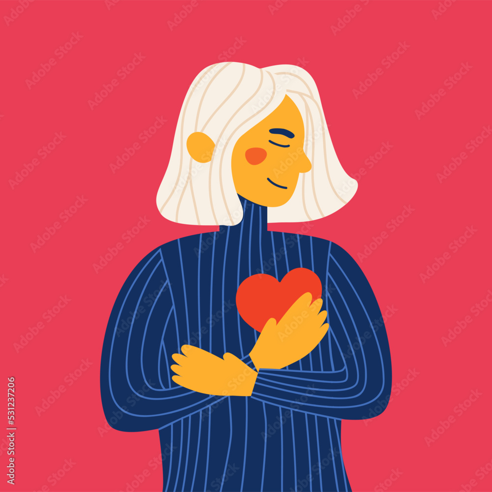 Care, humanity, selfhelp and peace concept. Woman with hand on kind heart, feeling self love, bliss, harmony, positive emotion. Colored flat vector illustration. Happy calm peaceful girl volunteer. Care, humanity, selfhelp and peace concept. Woman with hand on kind heart, feeling self love, bliss, harmony, positive emotion. Colored flat vector illustration. Happy calm peaceful girl volunteer.