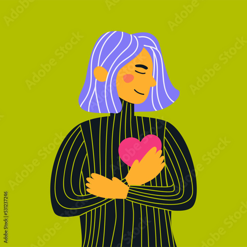 Care, humanity, selfhelp and peace concept. Woman with hand on kind heart, feeling self love, bliss, harmony, positive emotion. Colored flat vector illustration. Happy calm peaceful girl volunteer.