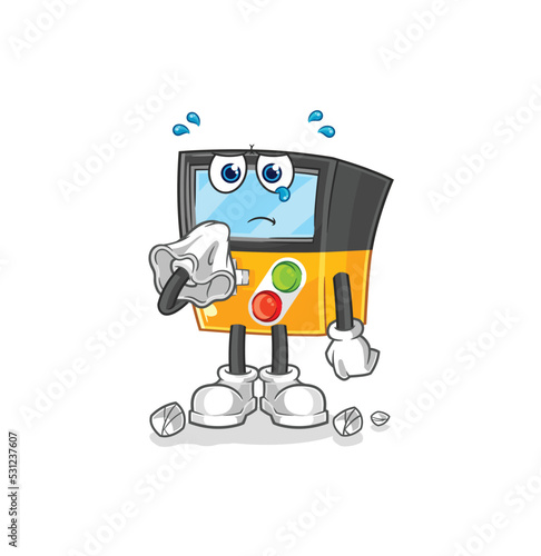 gameboy cry with a tissue. cartoon mascot vector