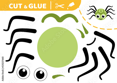 Green spider. Cut and glue. Application work. Paper game. Vector