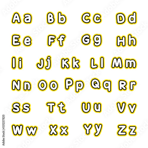 English alphabet.
Capital and small letters. White letters of the English alphabet with a black and yellow outline. Cards for learning. Vector illustration isolated on white background