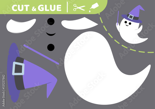 Ghost with witch hat. Cut and glue. Halloween. Application work. Paper game. Vector