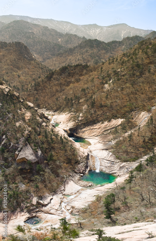 Elevated view of Sangpaldam turquoise lake in the Diamond Mountains, Kumgangsan Tourist Region, Democratic Peoples's Republic of Korea (DPRK), North Korea