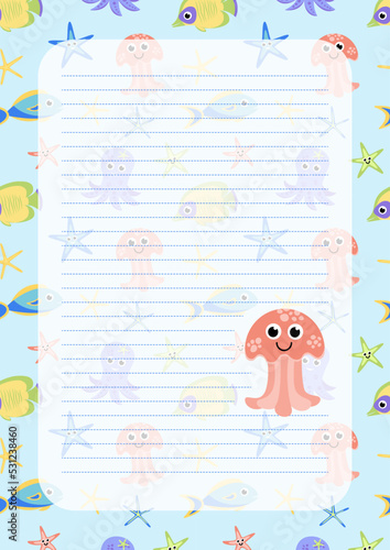 Note paper or notebook sheet with jellyfish. Flat, cartoon, vector
