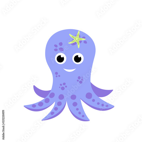 Purple octopus character. Flat, cartoon, vector