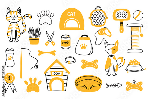 Vector set for pet shop. Collection for pets in doodle style. Accessories for pets. Food, scratching post, paw, dog, cat.