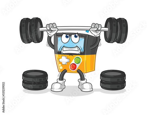 gameboy lifting the barbell character. cartoon mascot vector