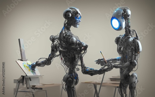  ai generated concept picture of artificial intelligence as artist representing two mechanical robots in artistic studio next to his easel