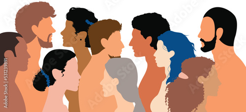 Multiple exposure, Conference or debate. Comparison or discussion between friends. Group of isolated coloured coloured cartoon people talking.