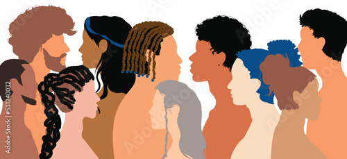 An illustration showing a group of multi-ethnic and multiracial men and women standing in front of each other. A symbol of racial equality and anti-racism.