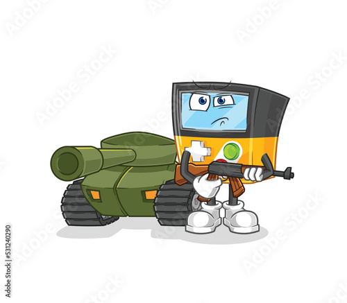 gameboy soldier with tank character. cartoon mascot vector