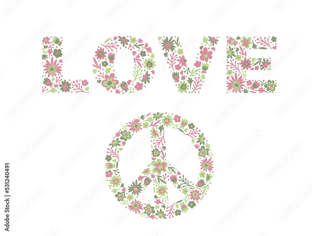 Pacific and word Love of doodle flowers and leaves. Hippie word LOVE. Isolated