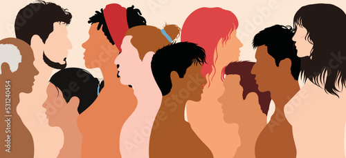 Diverse multicultural society and friendship. Multi-ethnicity and multiculturalism. Human rights and racial equality. Flat cartoon profiles of men, women, and girls of diverse cultures.
