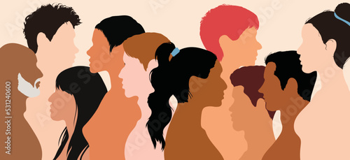 Multiple exposure, Conference or debate. Comparison or discussion between friends. Group of isolated coloured coloured cartoon people talking.