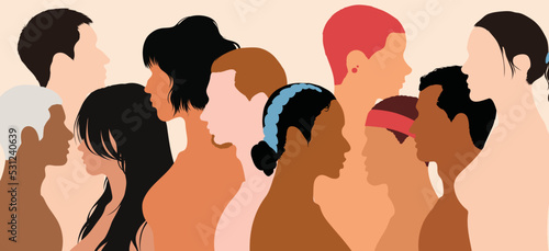 Multiethnic and multicultural cartoon heads in profile. Concepts of psychology and psychiatry. Various people and their teams. Psychotherapy and patients in treatment.