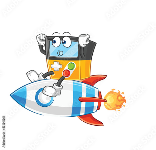 gameboy ride a rocket cartoon mascot vector