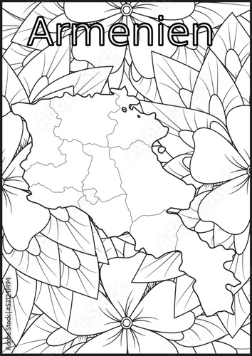 Schwarze und weiße Blume mit der Landkarte Armenien in der Mitte. Muster für Erwachsene Färbung Buch. Doodle floral Zeichnung. Kunsttherapie Färbung Seite