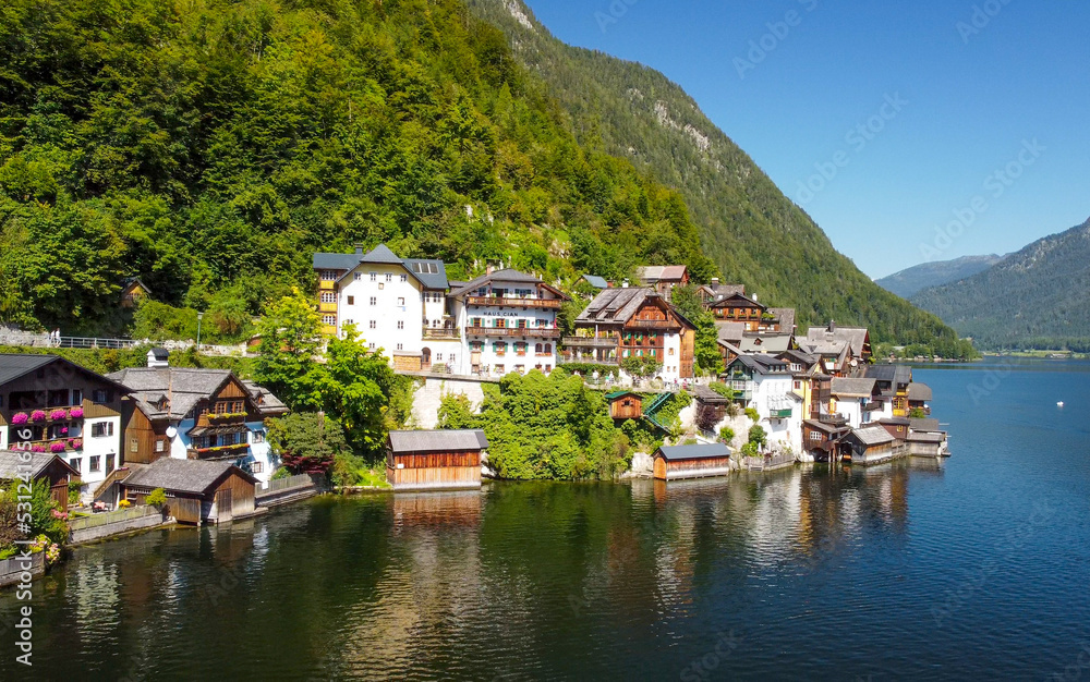 Fototapeta premium Aerial view of beautiful Hallstatt in summer season, Austria.