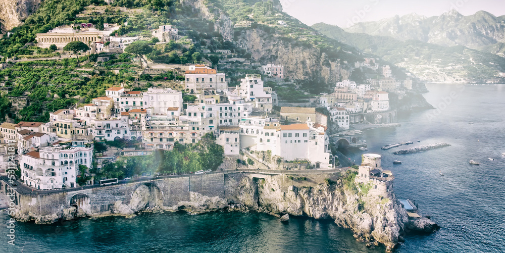Amazing aerial view of Amalfi coastline in summer season, Amalfi Coast.