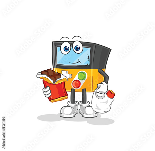 gameboy eat chocolate mascot. cartoon vector