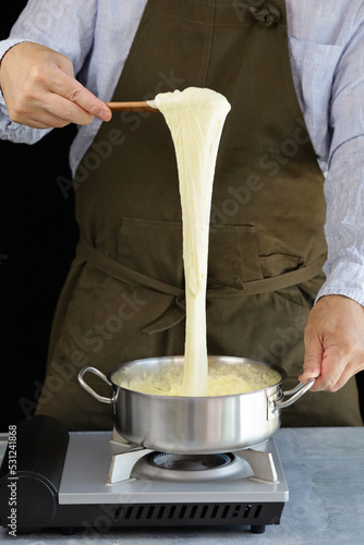 Pommes Aligot, Stretchy dish mixed with cheese (Tomme fraîche de l'Aubrac)  and mashed potatoes, traditional french cuisine photo