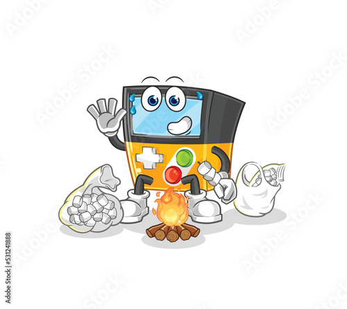 gameboy roasting marshmallows. cartoon mascot vector