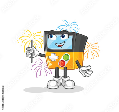 gameboy with fireworks mascot. cartoon vector