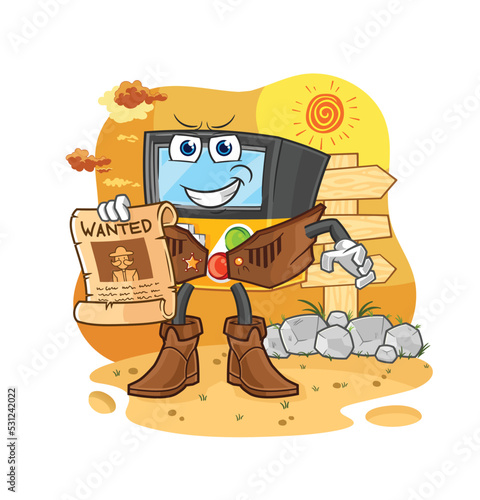 gameboy cowboy with wanted paper. cartoon mascot vector