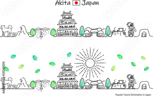 手描きの夏の秋田の観光地の街並みシンプル線画セット	
 photo