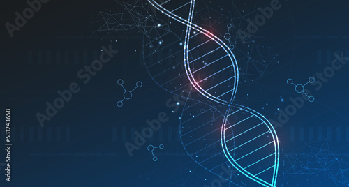 DNA concept. The concept of thin lines. Science template, with DNA molecules. DNA digital, sequence, glow code structure. Science concept and nano technology background. Vector illustration