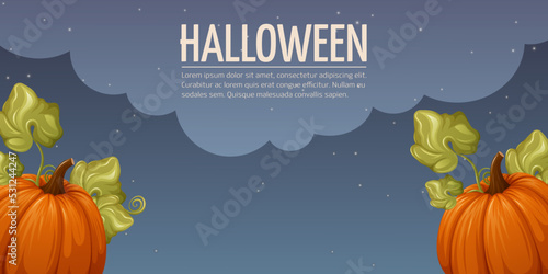 Halloween background. Pumpkins with leaves. Night star sky. Vector horizontal illustration with space for text. Template for banner, poster, flyer, website interface