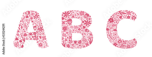 Floral letters A, B, C. Font of pink flowers. Alphabet. Doodle. Vector