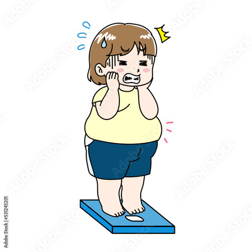 体重計に乗って太ってショックを受ける女性のイラスト