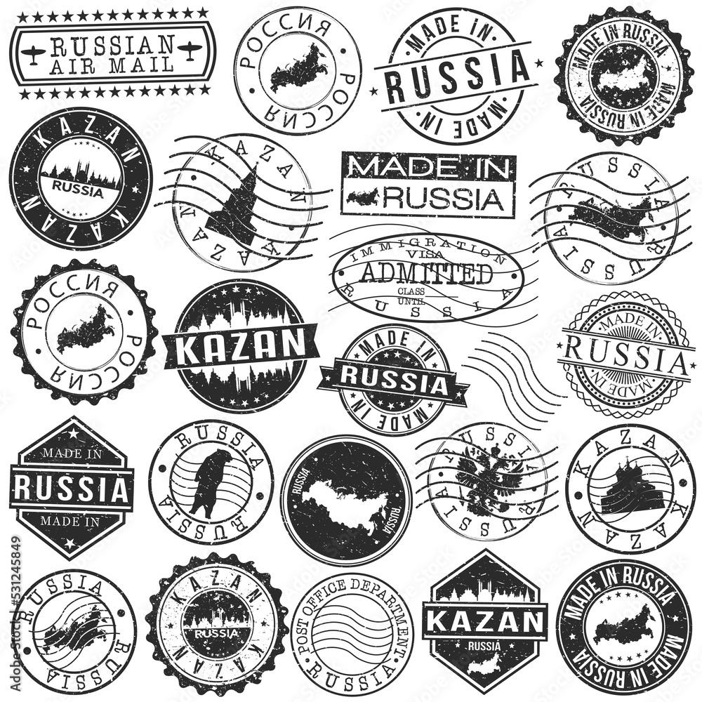 Kazan, Tatarstan, Russia Set of Stamp. Vector Art Postal Passport Travel Design. Travel and Business Seals. Kazan, Tatarstan, Russia Set of Stamp. Vector Art Postal Passport Travel Design. Travel and Business Seals.